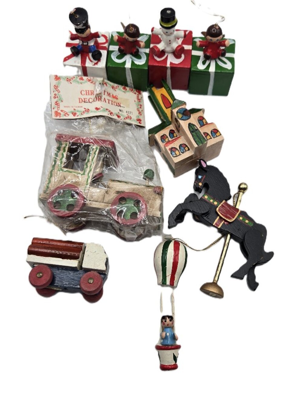 9 Assorted Vintage Wooden Figurines Ornaments  Christmas Holiday Train Church